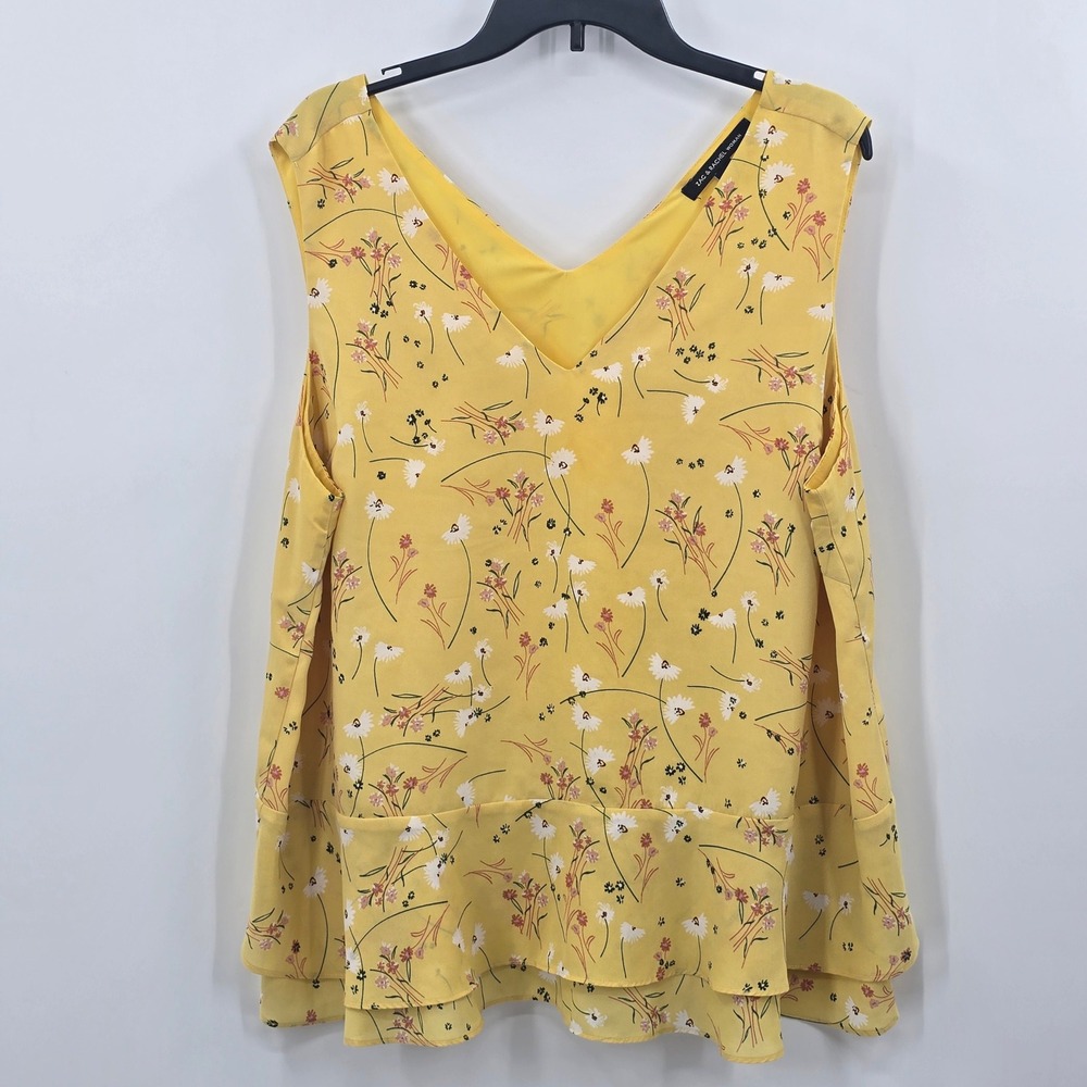 Zac & Rachel Woman 1X Yellow Floral V-Neck Tiered Ruffle Hem Tank